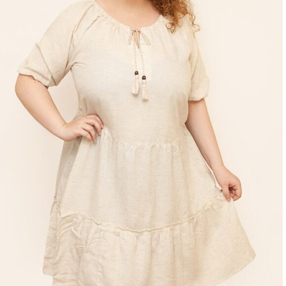 MLLE GABRIELLE 3X Beige Midi Dress Boho Peasant Lagenlook Tassel Tie Ruffle Tier - Picture 1 of 10